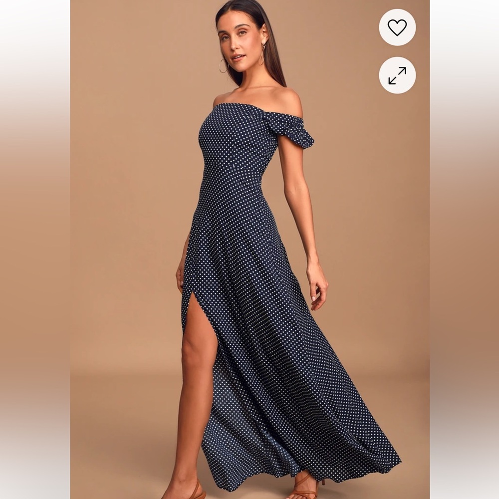 Dream Love Navy Blue Polka Dot Off-the-Shoulder Maxi Dress